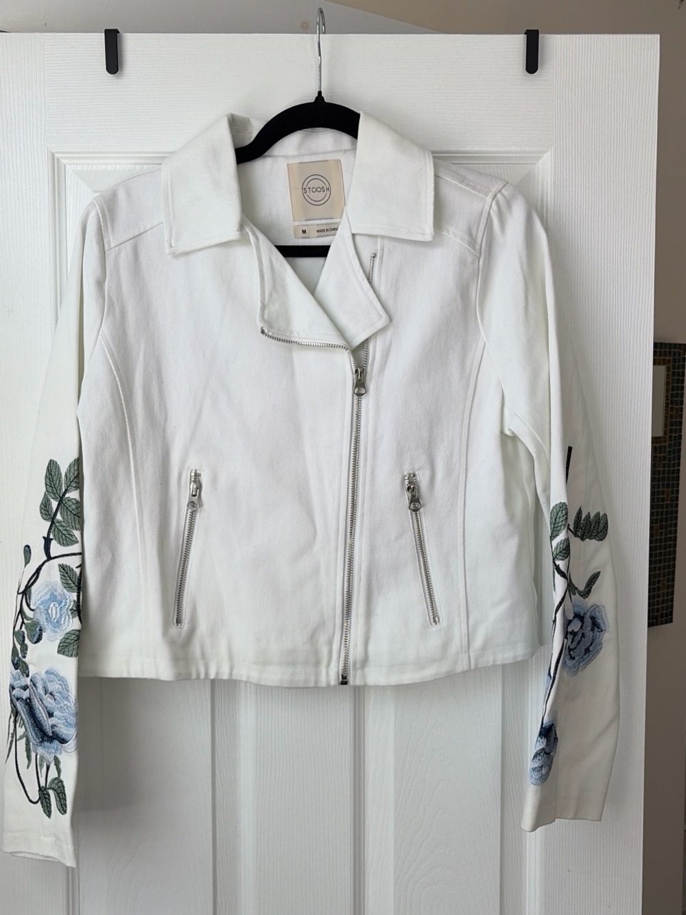 Francesca's Collections White Moto Jacket with Blue Floral Embroidery